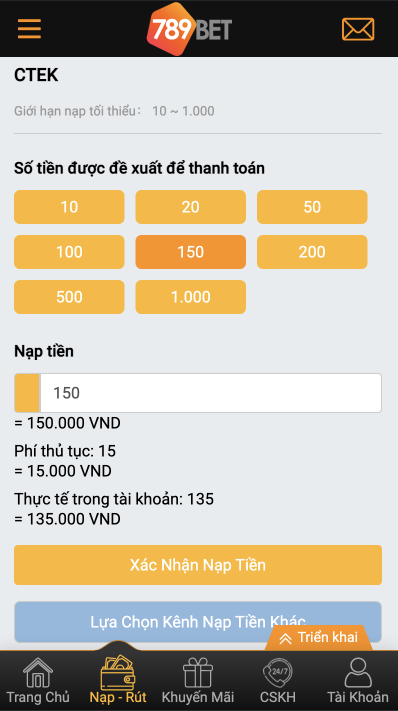 Điền thông tin về số tiền cần nạp