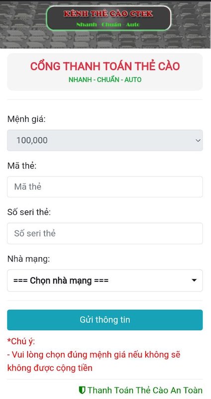 Nhập thông tin thẻ cào để chuyển khoản hoàn tất