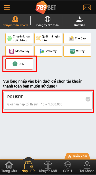 Nạp tiền qua hình thức USDT Nạp tiền qua hình thức USDT